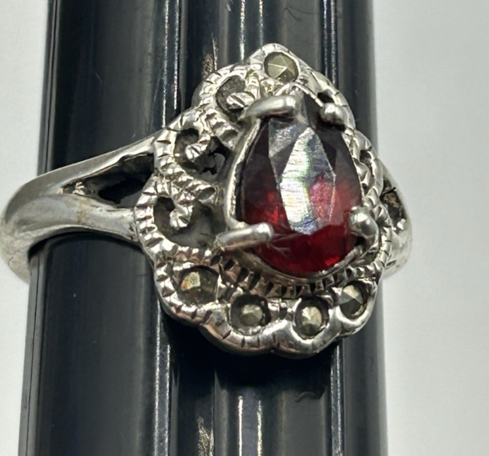 Vtg Sterling Silver 925 Art Deco Ring Marcasite Pear Shape Red Garnet Prong sz 8